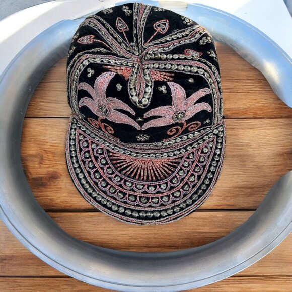 Handcrafted Black & Pink Floral Embroidered Cap Made In Burma With Intricate Bea - Picture 2 of 5